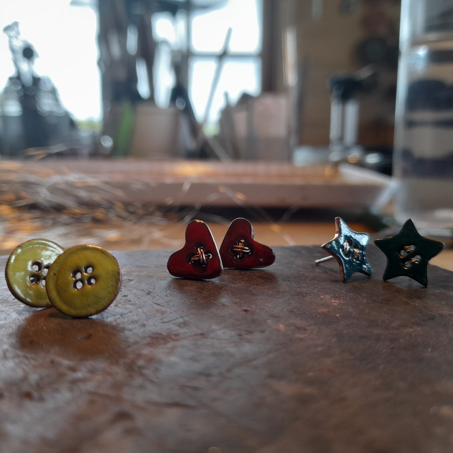 Stud Earrings.Button Studs Earrings. Enamel and Copper Button Design Stud Earrings