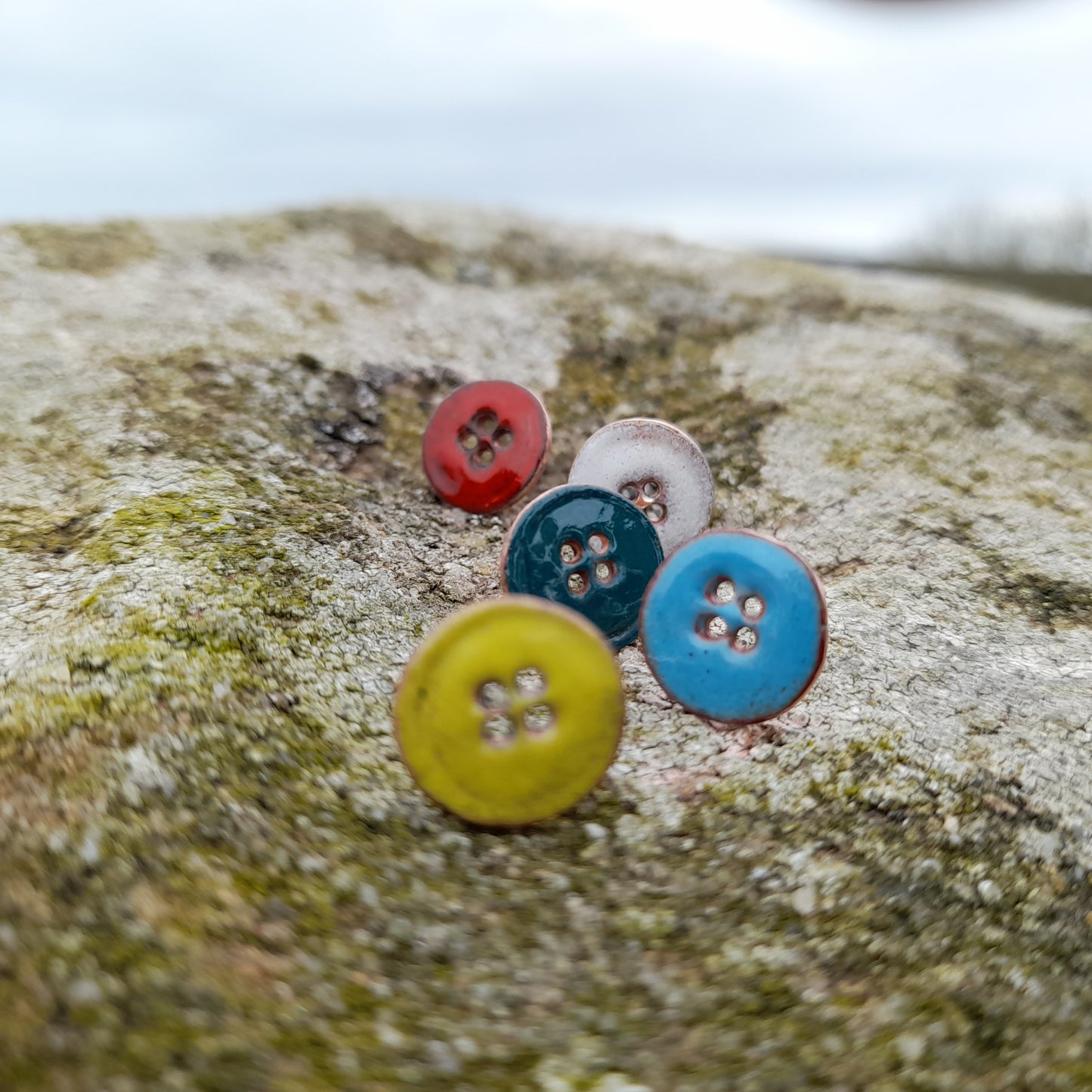 Stud Earrings.Button Studs Earrings. Enamel and Copper Button Design Stud Earrings