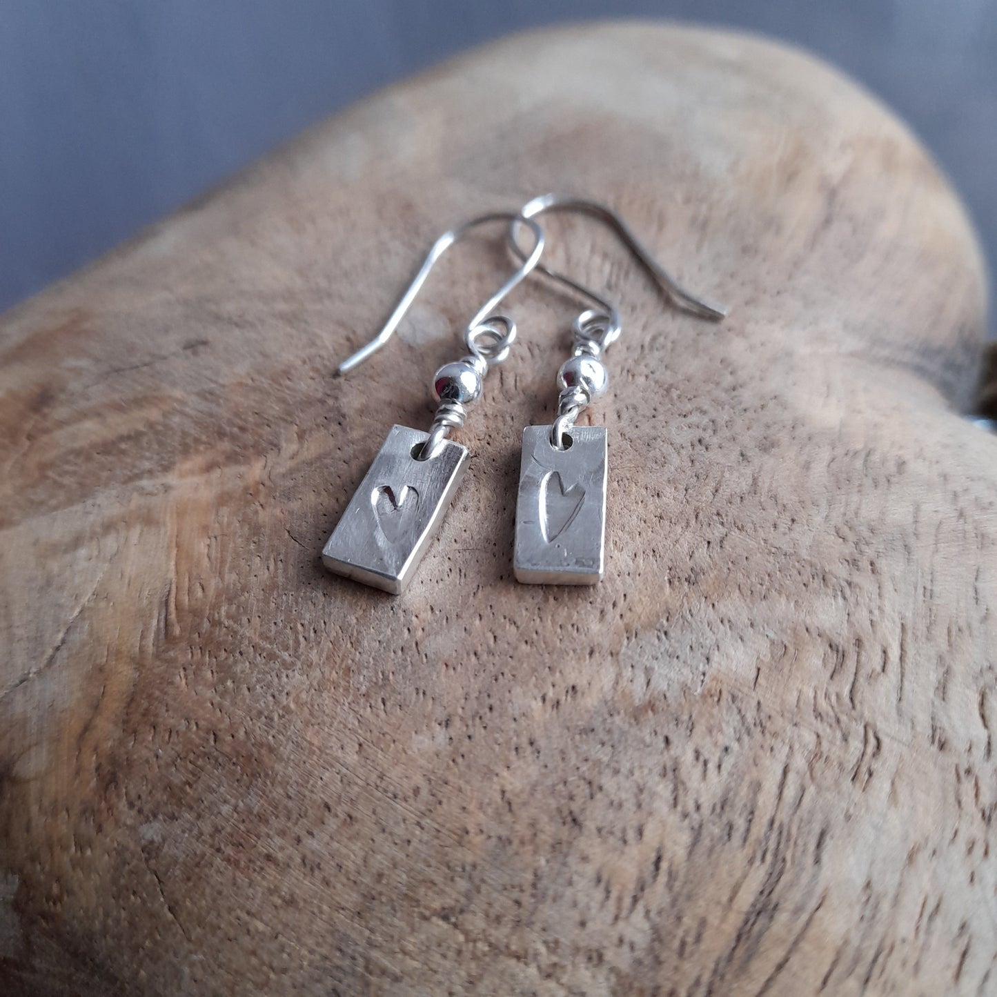 Heart Embossed Sterling Silver Dangle Earrings. Silver Heart Handmade Earrings.