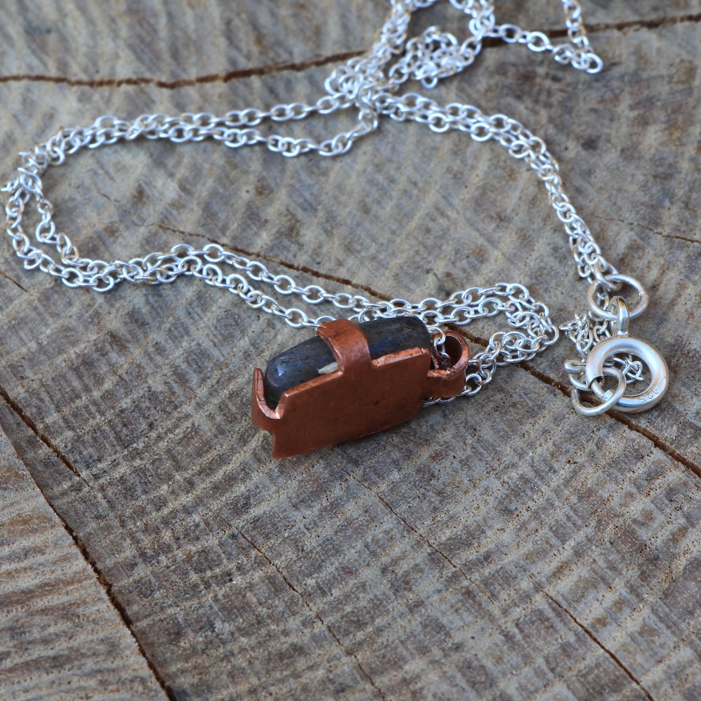 Labradorite Cabochon Pendant. Labradorite Necklace in Copper Claw Bezel on Sterling Silver Chain. Copper Necklace