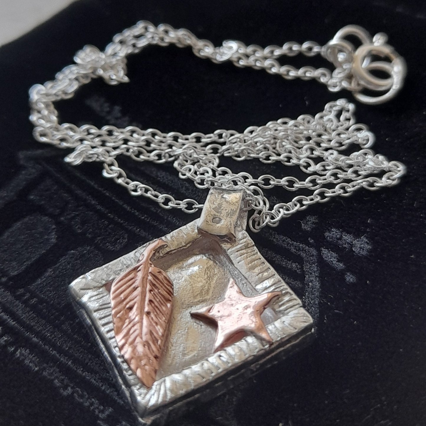 Silver and Copper Feather and Star Necklace. Copper Feather Pendant.