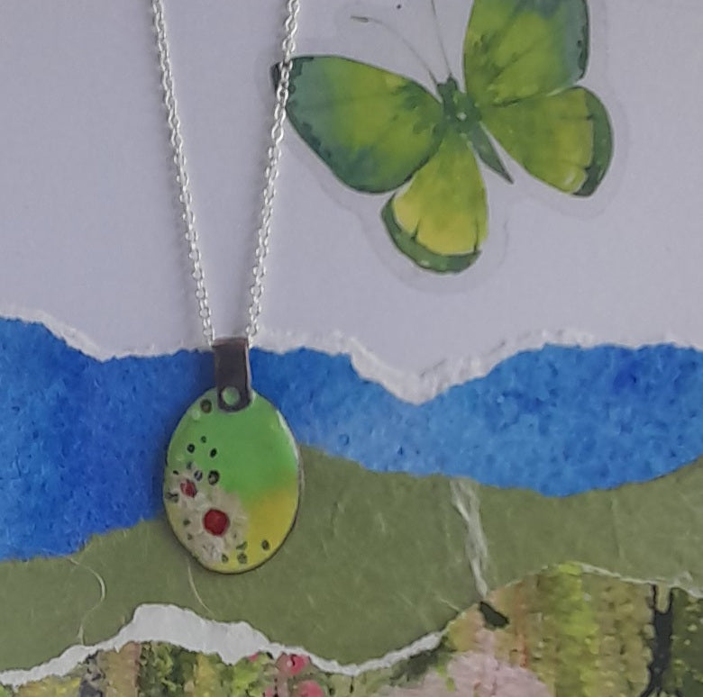 Yellow and Green Oval Floral Necklace. Enamel Pendant Necklace. Colourful Enamel Necklace.