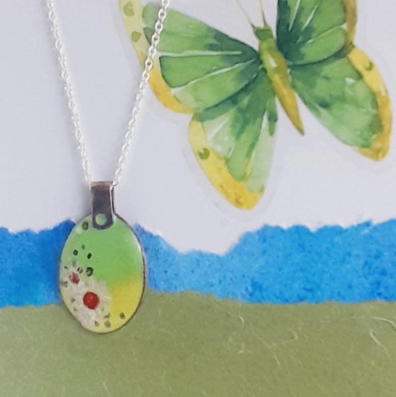 Yellow and Green Oval Floral Necklace. Enamel Pendant Necklace. Colourful Enamel Necklace.