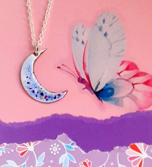 Handmade Enamel Crescent Moon Necklace. Enamel Pendant and Necklace