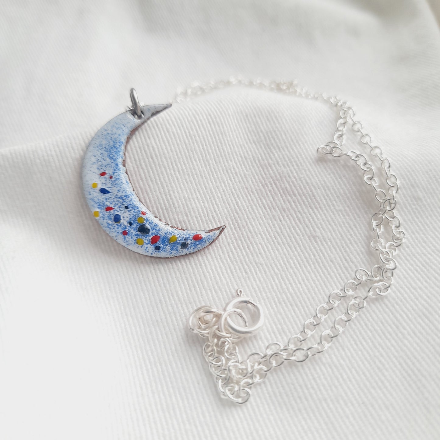 Handmade Enamel Crescent Moon Necklace. Enamel Pendant and Necklace