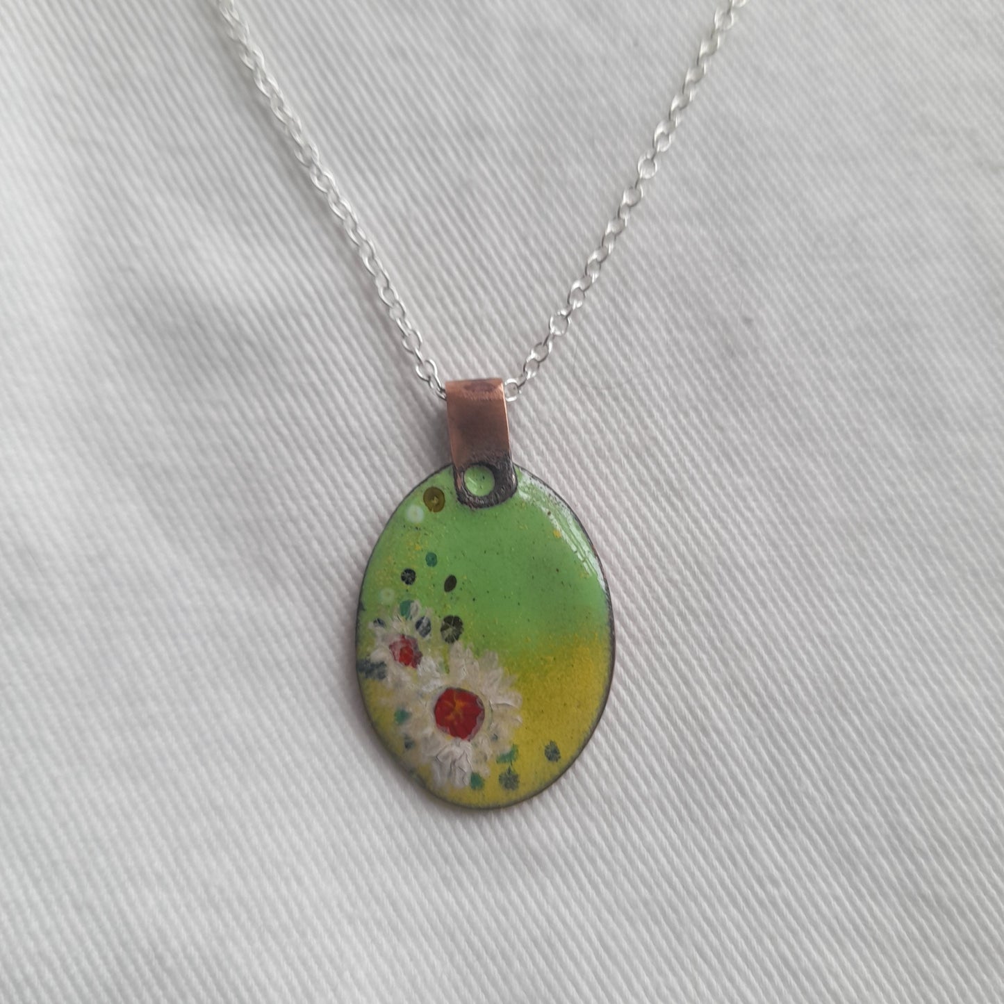 Yellow and Green Oval Floral Necklace. Enamel Pendant Necklace. Colourful Enamel Necklace.