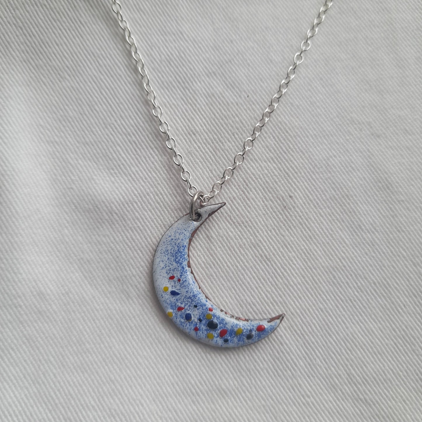 Handmade Enamel Crescent Moon Necklace. Enamel Pendant and Necklace