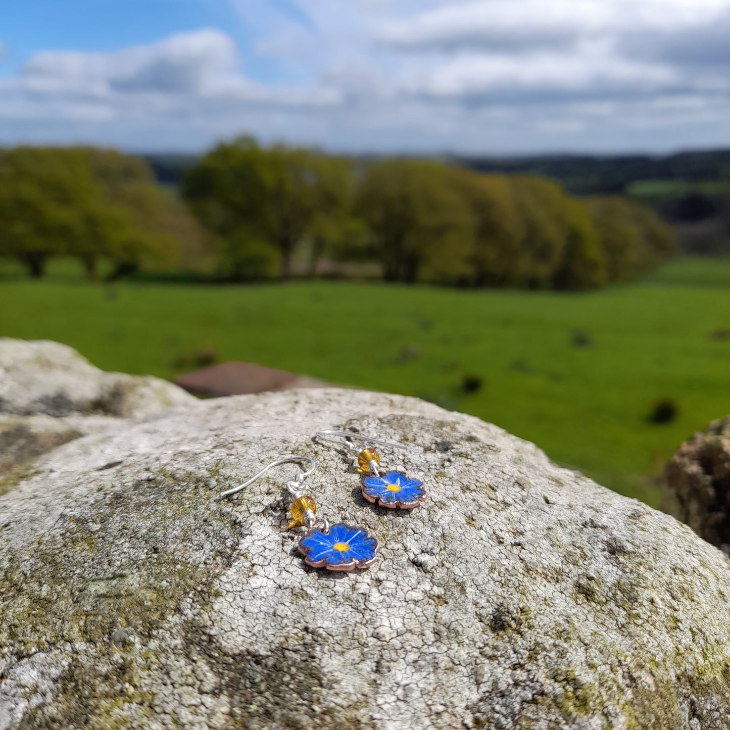 Flower Earrings. Enamel Flower Dangle Earrings. Colourful Handmade Floral Drop Earrings.