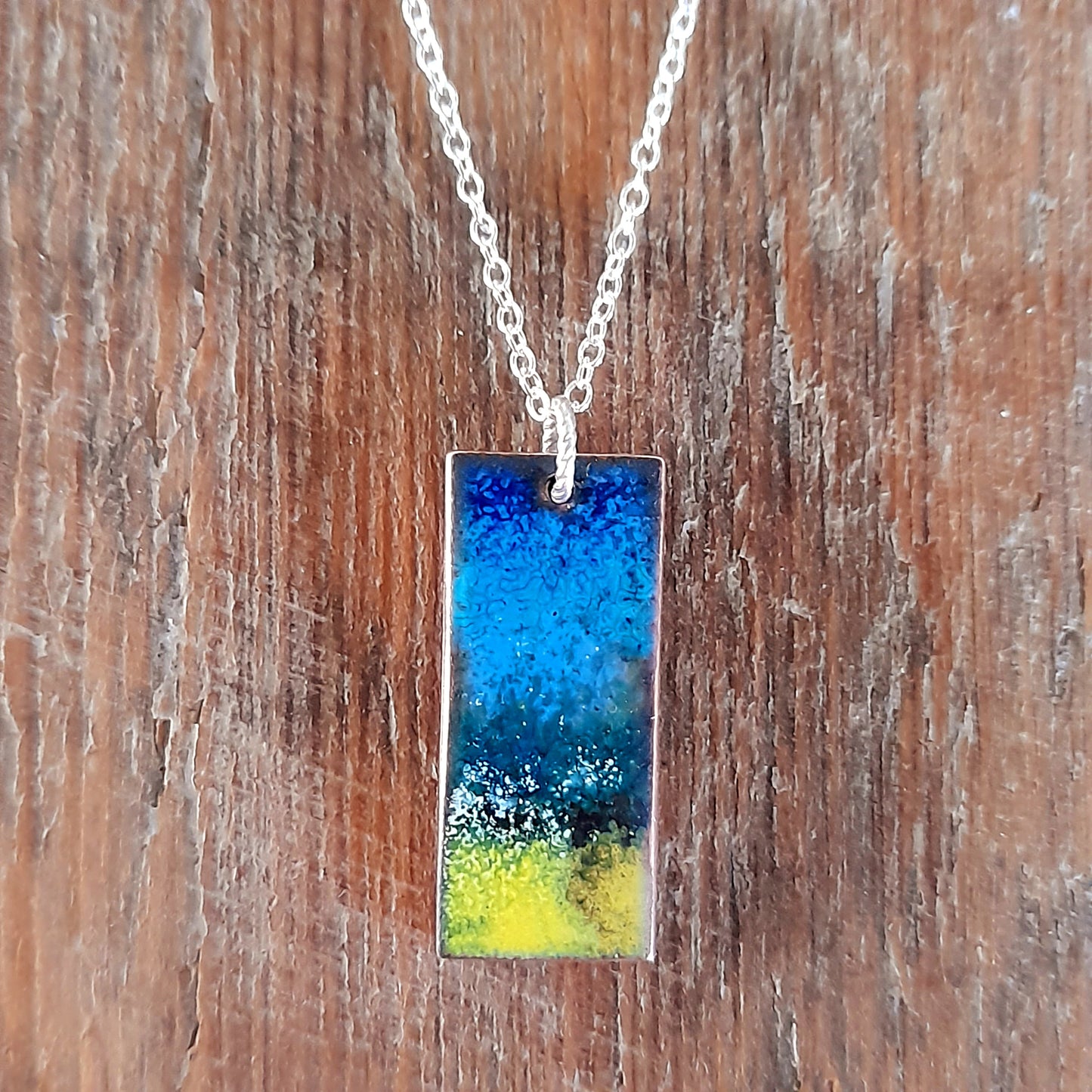 Handmade Yellow and Blue  Enamel Copper Necklace. Sand, Sky and Sea Themed Necklace.