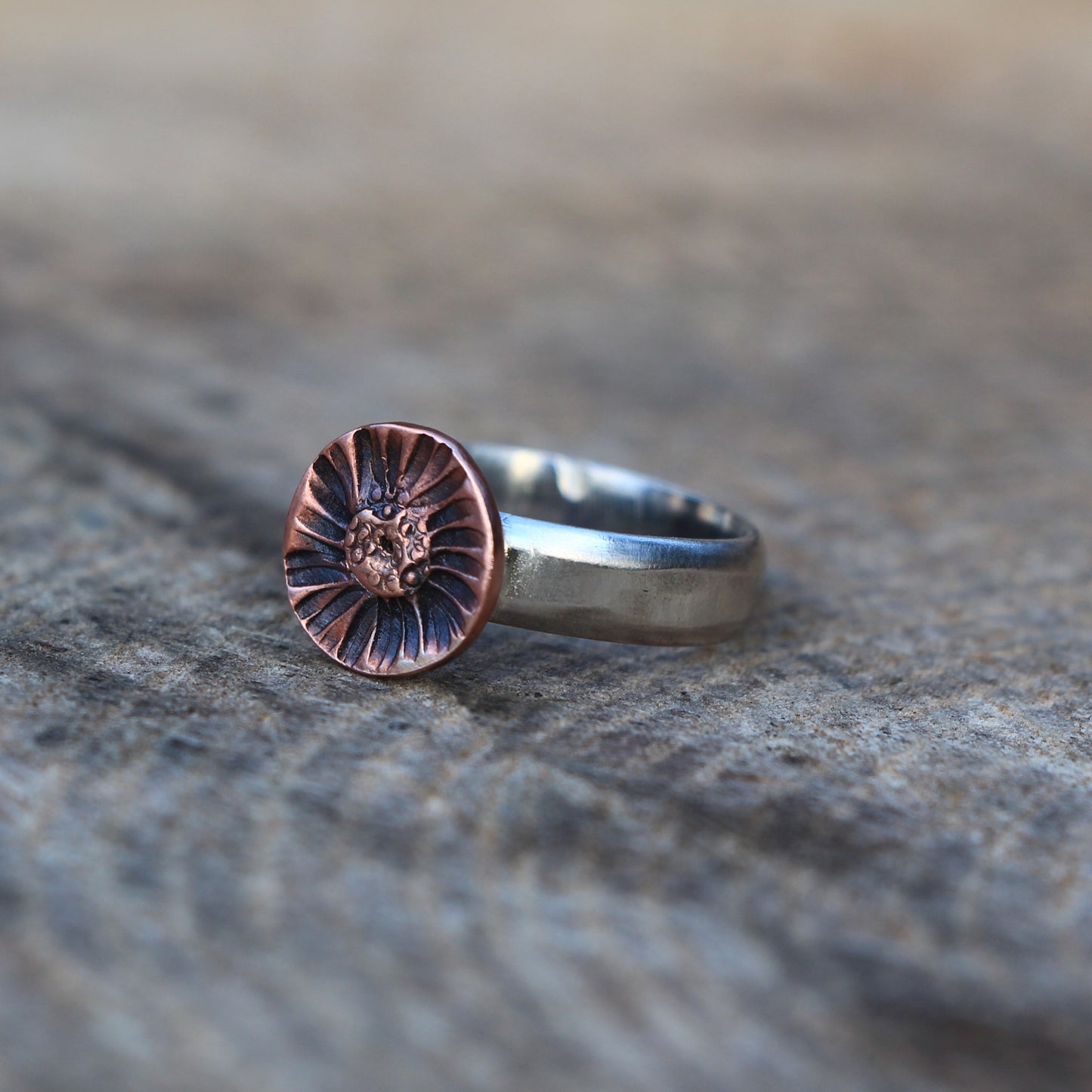 Ring. Contemporary Ring in Copper and Silver Ring. Flower Design . Ladies Silver and Copper flower Ring.
