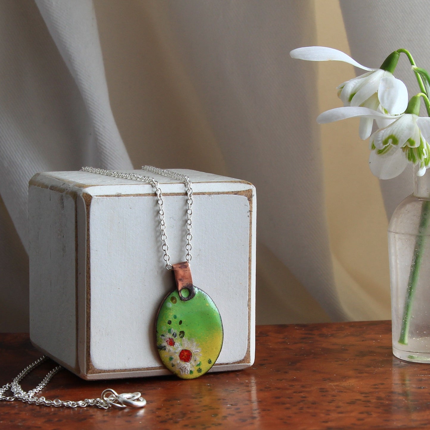 Yellow and Green Oval Floral Necklace. Enamel Pendant Necklace. Colourful Enamel Necklace.